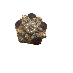 VTG Signed Florenza Brooch Ruby Rhinestones Simulated Pearls Faux Turquoise RARE